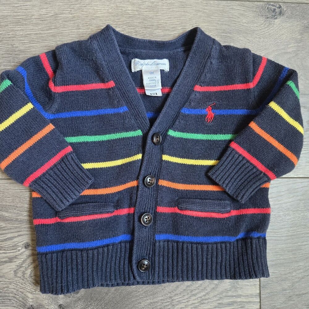 Ralph Lauren Baby 6M Rainbow Stripe Cotton V-Neck Knit Cardigan Sweater Navy